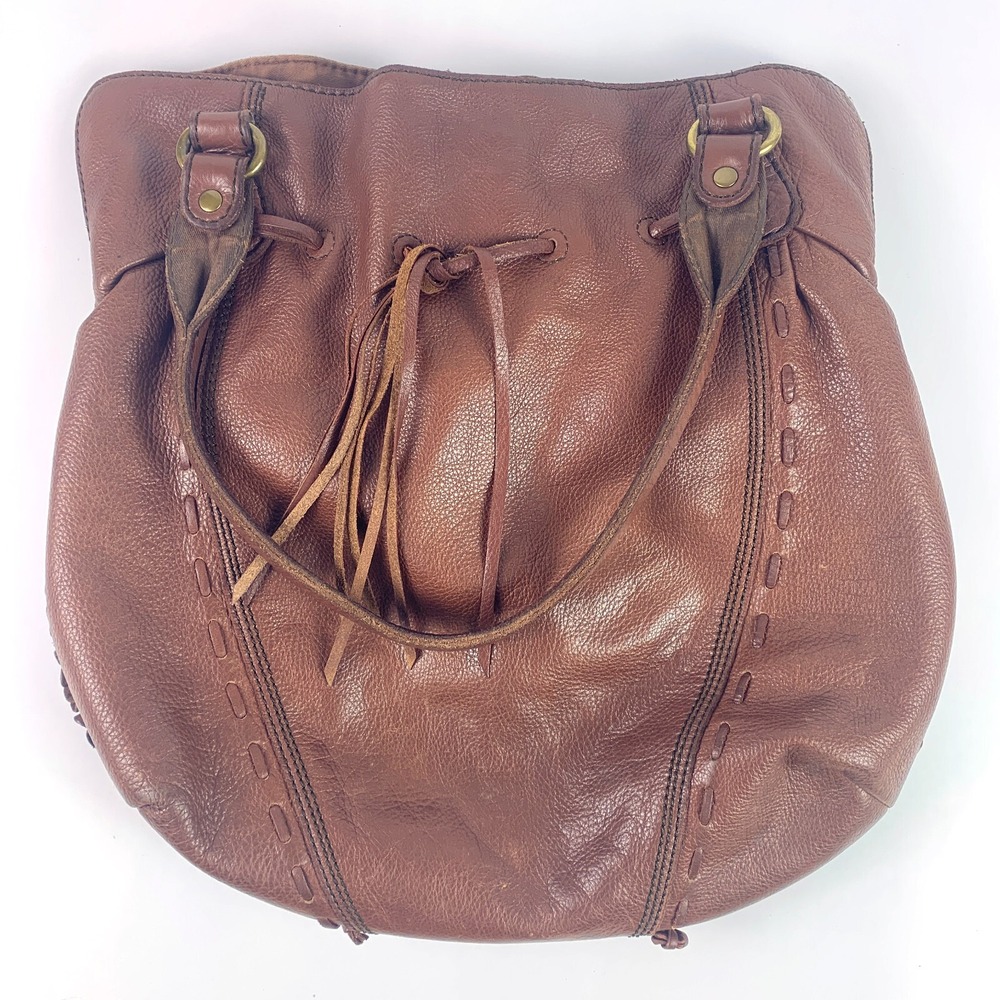 Lucky Brand‎ Brown Pebbled Leather Cinch Top Bucket Bag Fringe Ruffle Stitching